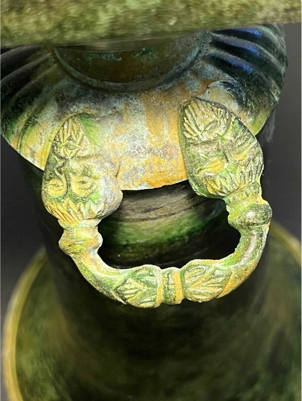 Blue Ridge Design 1980s Brass Enamel Verdigris Trumpet Urn Vase, 8x14”